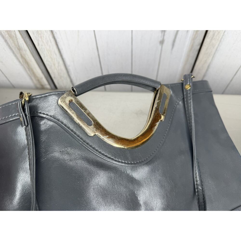 Vintage 70s Satchel Handbag Women Gray Faux Leather Purse Bag Top Handle - Picture 2 of 8